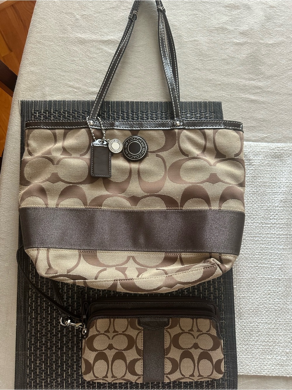 Coach Khaki and Chocolate Signature Canvas Tote with Wristlet